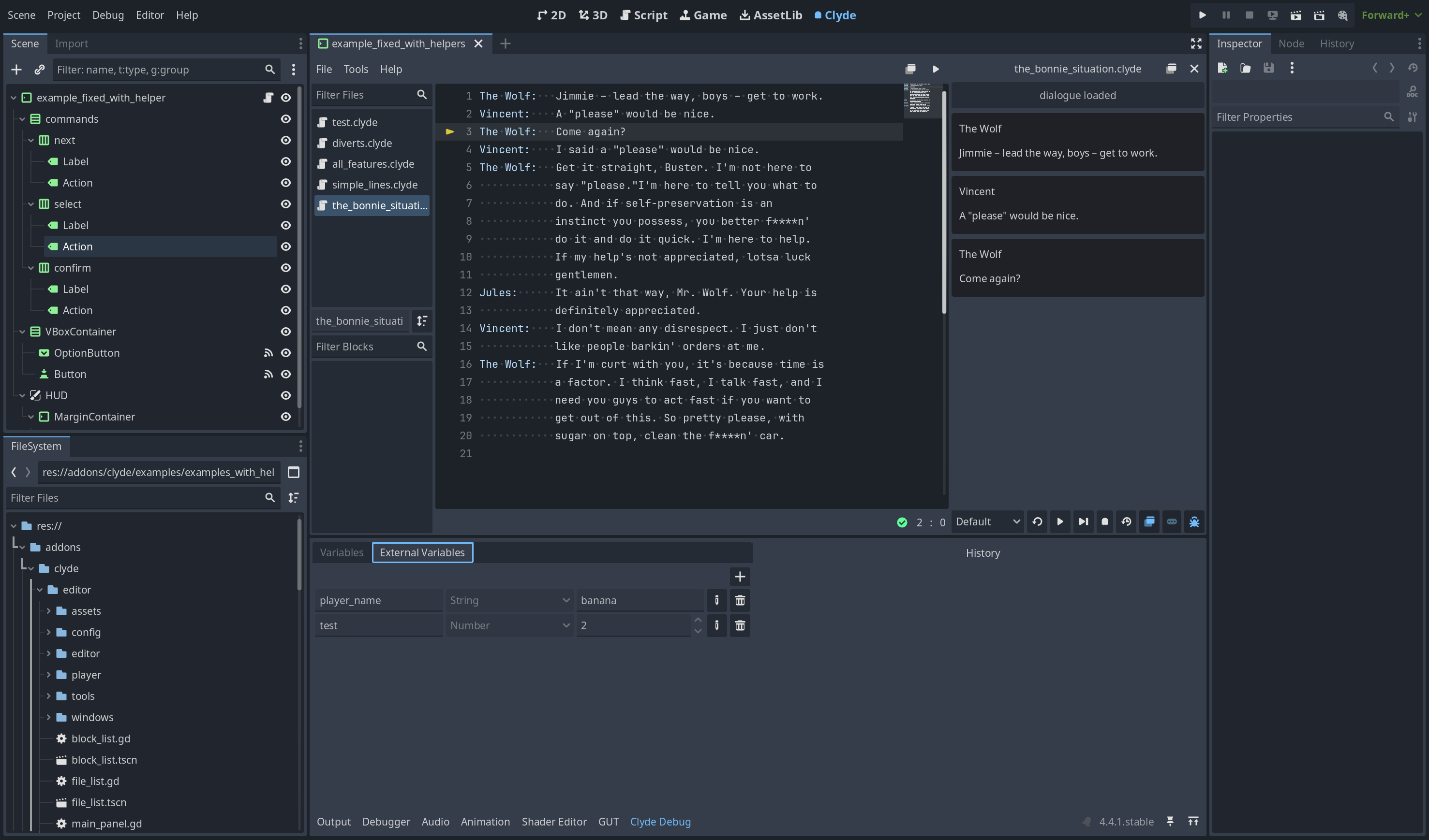 Clyde editor screenshot with dialogue file example